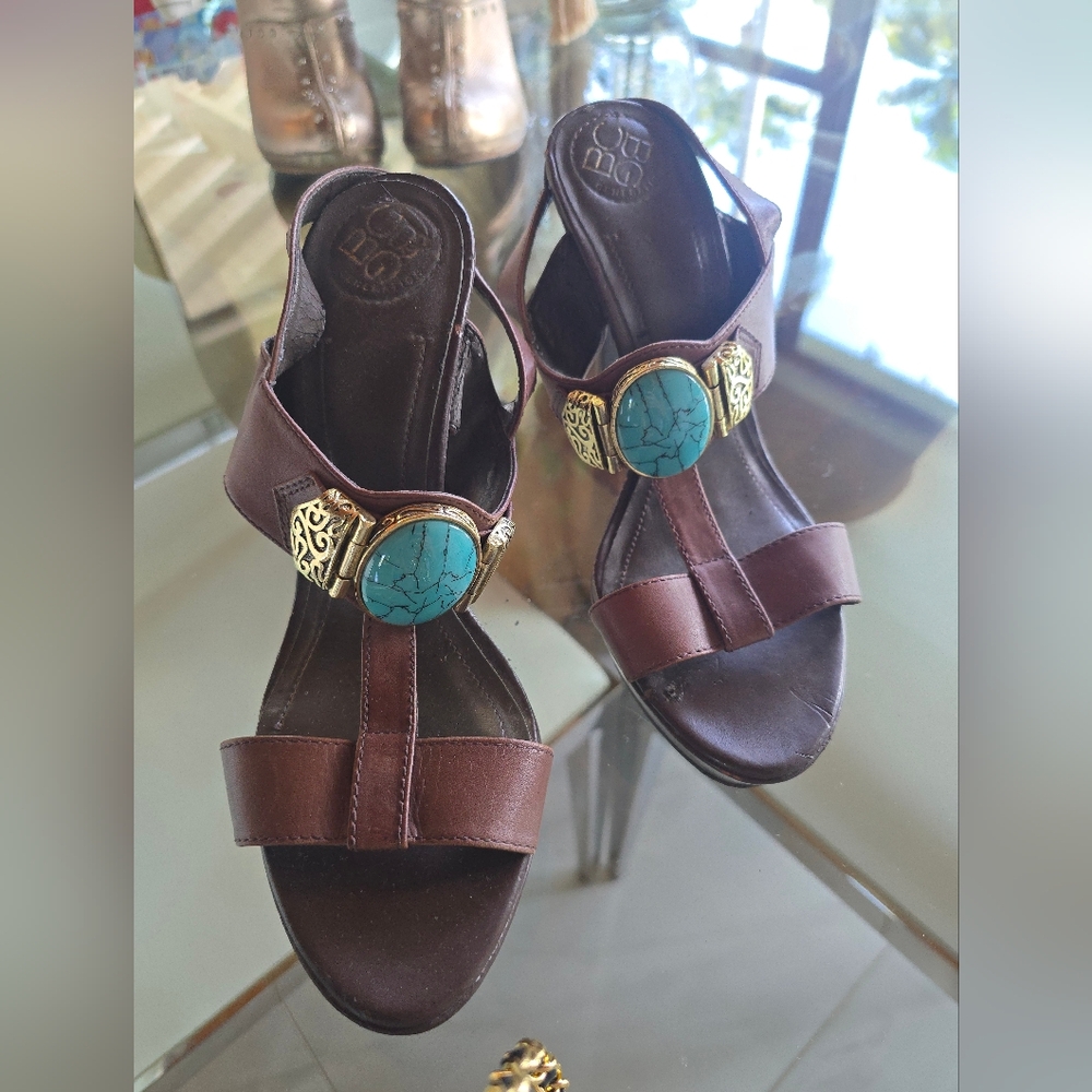 BCBG Dark Brown Sandals with Turquoise and Gold Details